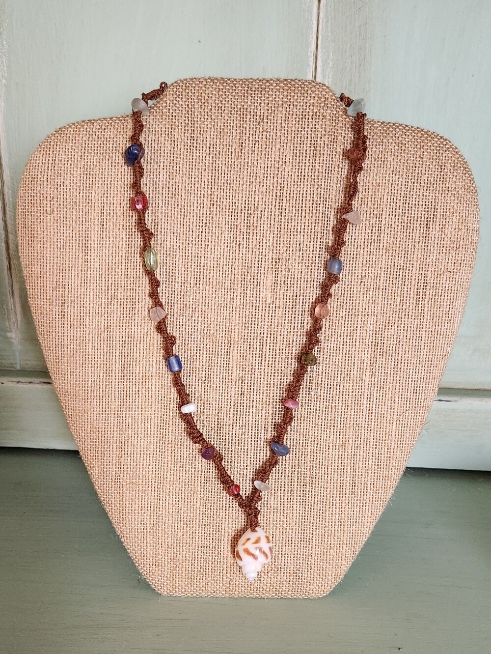 Handmade Brown Braided Necklace With Glasd Beads And A Shell Pendant